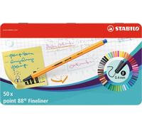 Feutres fins - STABILO point 88 - étui métallique de 50 pièces - 47 couleurs différentes - 2x bleu, rouge, noir