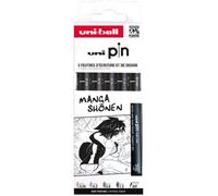 uni-ball - Mitsubishi Pencil - 5 Feutres d’Écriture et de Dessin Spécial Manga Shonen Uni Pin - 4 Pointes Calibrées Ultra-Fines à Moyennes et 1 Pointe Brush - Encre Noire