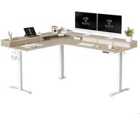 FEZIBO Bureau électrique triple moteur réglable en hauteur avec 5 tiroirs supérieurs, bureau d’angle debout en L, interchangeable à gauche et à droite, 190 x 160 cm, cadre blanc/plateau en noyer clair