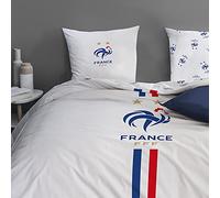 FFF EQUIPE DE FRANCE Parure de Lit 1 ou 2 Personnes |100% Coton | OEKO-TEX | Housse de Couette 220x240 cm + 2 Taies d'Oreiller 63x63 cm | Imprimé Réversible football | Blanc