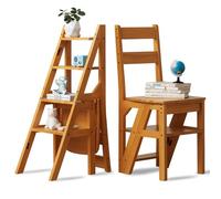FGNIXLN Escabeau, Escabeau, 4 marches, escabeau pliant 2-en-1 et chaise, marchepied, pliable, escabeau en bois, escabeau ménager, charge maximale 180 kg, convient pour la cuisine, la maison, les