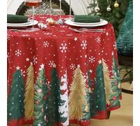 FIBORIA Nappe Noel de Ronde 180 cm de diamètre Anti Tache Rouge Nappes à sapins colorés et Flocons de Neige,Résistant à l'eau & Lavable décor de Table pour l'hiver Nouvel an,fêtes,Table Basse,Buffet