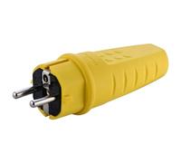Fiche électrique en caoutchouc Schuko 230V 16A IP44 Jaune | Étanche, Incassable, Avec serre-câble, Contact de protection avec manchon anti-coude, Convient pour l'extérieur