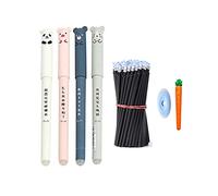 Fiction Stylos effaçables Noir Bleu Gel Encre Rollerball Recharge Ensemble Chat Panda Animal Carotte Gomme Mignon Stylos Lavable Fourniture D'écriture Scolaire (Paquet de 26) (Noir)