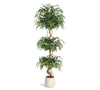 Ficus artificiel - Arbre artificiel - Hauteur 183 cm - Troncs courbés - Feuillage en plusieurs couches - Feuilles en soie - Cache-pot blanc