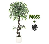 Ficus artificiel - Arbre décoratif - Hauteur : 120 cm - Tige courbée - Livré avec un pot blanc - Plante d'intérieur pour salon, chambre ou bureau - Vert
