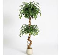 Ficus artificiel - Décoration, arbre artificiel de 150 cm - Tige courbée - Couronne à deux niveaux - Plante en plastique dense pour intérieur - Pot en plastique blanc