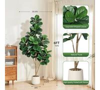 Ficus artificiel en soie synthétique - 183 cm - 108 feuilles en 3D - Pot en céramique blanc - Tige réaliste - Base en ciment lestée