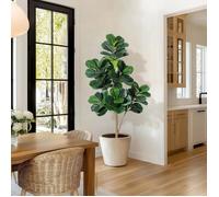 Ficus artificiel - GARVEE - 1,50 m - Feuilles 3D - Tronc peint à la main - Pot blanc - Galets décoratifs