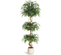 Ficus artificiel - Plante artificielle de 180 cm de haut - Forme de tronc courbée réaliste - Plante d'intérieur pour salon, bureau ou couloir - Pot en céramique blanc