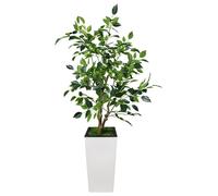 Ficus artificiel - Plante de sol - Feuilles réalistes - 120 cm - Grand cache-pot blanc - Pour l'intérieur - Vert