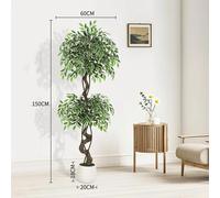 Ficus artificiel - Plante décorative 150 cm - Plus de 1100 feuilles en soie - Pot en céramique blanc - Plante d'intérieur pour salon et bureau - Vert