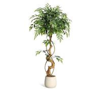 Ficus artificiel - Plante décorative de 120 cm - Plante d'intérieur réaliste - Troncs courbés - Pot en céramique blanc - Vert