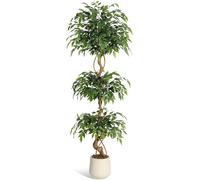 Ficus artificiel - Plante décorative en soie artificielle - Hauteur : 183 cm - Tige courbée - Pot blanc - Aspect naturel - Ne nécessite aucun entretien