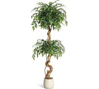 Ficus artificiel - Plante d'intérieur - 150 cm - Tronc courbé - Plastique - Avec pot blanc - Extérieur - Rose foncé