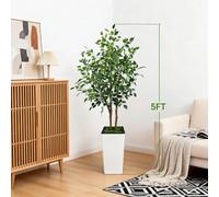 Ficus Benjamina artificiel - Arbre décoratif - 152 cm - Feuilles en tissu soyeux - Tige en plastique - Polyester - Pour intérieur - Grand pot blanc