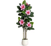 Ficus en caoutchouc artificiel - Plante d'intérieur de 120 cm - Plusieurs tiges - Fleurs roses - Plante décorative facile d'entretien, présentée en pot