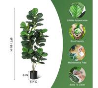 Ficus lyrata artificiel, plante d'intérieur en forme d'arbre - Hauteur : 153 cm - Plante artificielle avec des feuilles en plastique réalistes - Plante d'intérieur présentée dans un pot noir - Vert