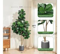 Ficus lyre - Arbre artificiel - 183 cm - Feuilles réalistes - Sur pied - Pot blanc - Plastique