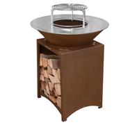 Mon Mobilier Design Fiesta Brasero Haut Acier corten avec Plaque et Grille Amovible INOX Barbecue plancha extérieur Ø 75 cm