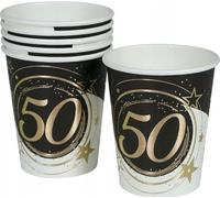 FIESTAS GUIRCA | 6 Gobelets Jetables de 50 Ans (240 ml) (9 cm) - Décoration de Table pour Fêtes - Idéal pour Célébrations de 50 Ans et Événements - Noir, Or, Blanc