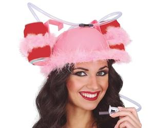 FIESTAS GUIRCA | Casque Boissons avec Plumes (Taille Unique) - Accessoire de Fête pour Adultes - Idéal pour Célébrations de Bière et Boissons - Parfait pour Carnaval et Halloween - Rose