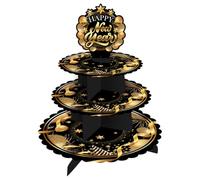 FIESTAS GUIRCA | Plateau 3 Étages Happy New Year (40x30 cm) - Décoration de Table pour Fêtes de Fin d'Année et Célébrations - Idéal pour Noël et Nouvel An - Noir Or