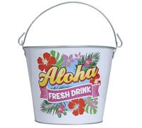 FIESTAS GUIRCA | Seau Métallique Aloha Réutilisable (19x23 cm) - Décoration de Table pour Fêtes d'Été et de Graduation - Idéal pour Thématiques Hawaïennes et Célébrations - Blanc