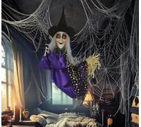FIESTAS GUIRCA | Suspension Sorcière avec Lumière, Son et Mouvement (75 cm) - Décoration d'Halloween pour Fêtes de Sorcières et Célébrations Terrifiantes - Idéal pour Ambiances Épouvantables - Noir