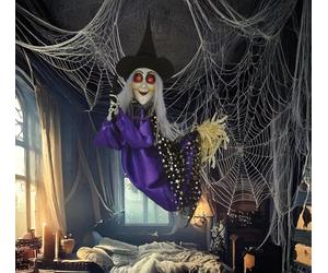 FIESTAS GUIRCA | Suspension Sorcière avec Lumière, Son et Mouvement (75 cm) - Décoration d'Halloween pour Fêtes de Sorcières et Célébrations Terrifiantes - Idéal pour Ambiances Épouvantables - Noir
