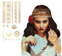 FIESTAS GUIRCA | Tatouages Temporaires Or (14x30cm) - Maquillage FX pour Costumes de Bohémiennes et Voyantes - Idéal pour Fêtes Déguisées, Halloween et Carnaval - Adulte Unisexe - Or