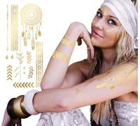 FIESTAS GUIRCA | Tatouages Temporaires Or Hippie (14x30cm) - Maquillage FX pour Costumes de Bohémiennes et Voyantes - Idéal pour Fêtes Déguisées, Halloween et Carnaval - Adulte Unisexe - Or