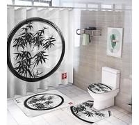 fifbird Lot de 4 rideaux de douche vintage japonais à imprimé bambou, encre aquarelle, motif soleil rouge brumeux, ensemble de décoration de salle de bain avec tapis et housse antidérapante pour
