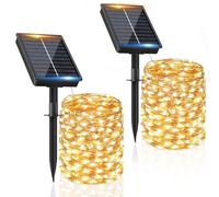 Lot de 2 guirlandes solaires d'extérieur - Étanchéité IP65 - 8 modes - Guirlande décorative pour jardin, terrasse, patio, festivals, mariages - 16 + 2 m - 160 LED - Blanc chaud