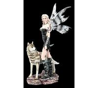 Figuren Shop GmbH Elfen Fantasy Figurine Elleth avec Loup - Fée - Fairy - Figurine d'ange - Statue - Hauteur 27 cm