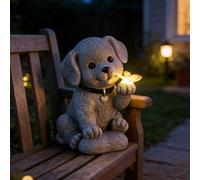 Figurine de Chien Solaire, Statue Solaire de Jardin Chien Ornament Outdoor avec Papillons Figurine d'animal de Jardin Lumière Solaire Statue Jardin Exterieur pour Cadeau de Pendaison de Crémaillère