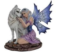 Figurine de fée assise caressant un loup, elfe en résine, décoration féérique