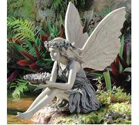 Figurine Fée De Jardin En Résine, Statue Assise Finition Gris Blanc, Décoration Extérieure Intérieure, Ornement Paysage Fantasy