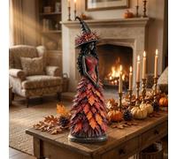 Figurine Sorcière d’ Peinte à la Main Résine 17x6.5x6.5cm pour chapeau | Base ronde stable pour stabilité Utilisation décorative Halloween feuille d’érable motifs ultimes