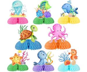Figurines décoratives d'animaux marins - Carton double face - 8 exemplaires - Assortiment coloré