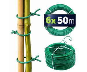 Fil métallique pour plantes KADAX 300 m (6 x 50 m), fil de jardinage avec âme en acier et gaine en PVC, fil de ligature vert pour tuteurs, fil métallique résistant aux intempéries, couleur verte