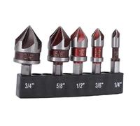 FILFEEL Jeu de Forets à Fraiser à 5 Cannelures - Outil de Chanfreinage à 85° en Acier Rapide au Cobalt M35 pour Bois, Plastique et Aluminium |/4 Po 3/8 Po /2 5/8 3/4 Tailles Impériales avec Base de