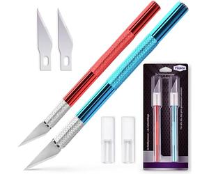Filzada® 2x Scalpel de Précision Rouge & Bleu + 2 Lames - Cutter Modélisme | Couteau Modelisme Aluminium Antidérapant - Lame Acier Carbone Ultra Tranchante - Papier, Tissu, Fondant, Cuir - Bougie DIY