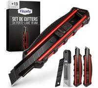 Filzada® 3x Cutter Professionnel 18 mm Métal + 13 Lames Black - Rétractable | Cutter Plaquiste, Moquette, Carton - Lame de Rechange Sécable Acier Carbone - Poignée Antidérapante - Boîte Anti Rouille