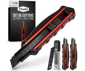 Filzada® 3x Cutter Professionnel 18 mm Métal + 13 Lames Black - Rétractable | Cutter Plaquiste, Moquette, Carton - Lame de Rechange Sécable Acier Carbone - Poignée Antidérapante - Boîte Anti Rouille