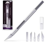 Filzada® Scalpel + 5 Lames de Rechange Formes Variées - Cutter Modélisme | Couteau Modelisme Aluminium Antidérapant - Lame Acier Carbone Ultra Tranchante - Papier, Tissu, Fondant, Cuir - Bougie DIY