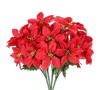 FINDIR 4pcs Poinsettia Noel Artificiel Rouge Fleurs de Poinsettia Fleurs Artificielles Noël Décoration Fleurs Poinsettia Rouge pour Noël Mariage Domicile Cambre Decoration (7 têtes par Bouquet)