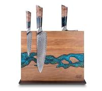 FINDKING Bloc de couteaux magnétique, support double face, rangement magnétique puissant de cuisine, bois d'acacia et résine bleue (30,5 x 25,4 cm, sans couteaux)