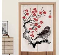 Fine Asianliving Rideaux de porte japonais Noren calligraphie oiseau sur arbre à fleurs L80xH130cm