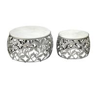 FineBuy Ensemble de 2 tables basses argentées avec plateau en marbre blanc - Table de salon gigogne ronde - Table d'appoint en aluminium moderne - Ensemble de tables de canapé en aluminium avec struct